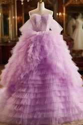 Purple Ball Gown Tulle Off The Shoulder Tiers Semi Formal Prom Dress